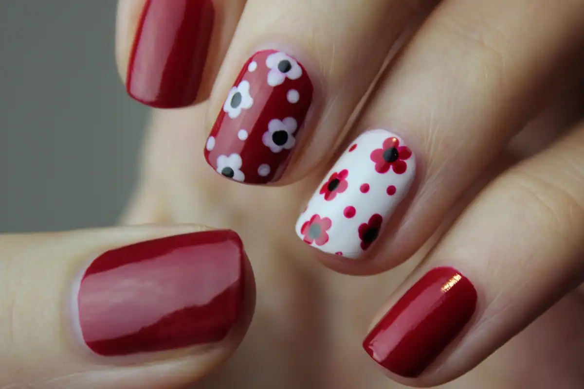 Mână cu unghii date cu lac roșu, unele decorate cu floricele albe, în prim-plan